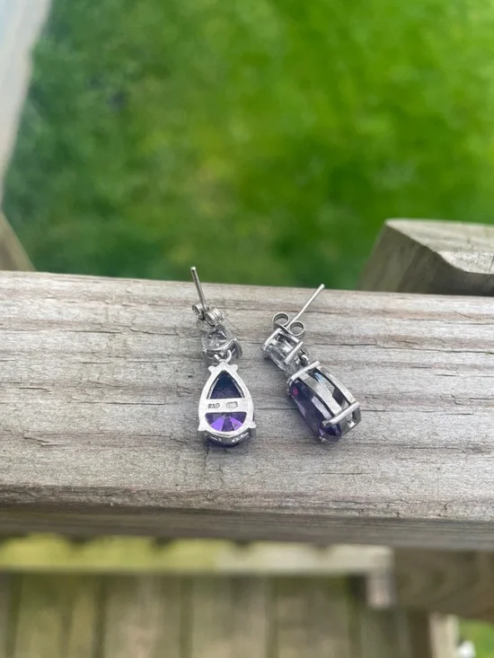 Sterling Silver Purple Teardrop Drop Earrings - Picture 4 of 8